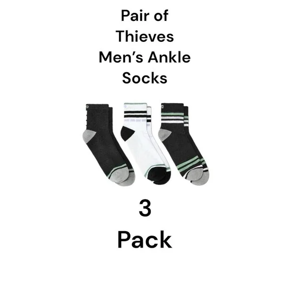 Pair of Thieves Men's Cushion Ankle Socks 3 Pack Shoe Size 6-12 Blk Gray White - Picture 1 of 9